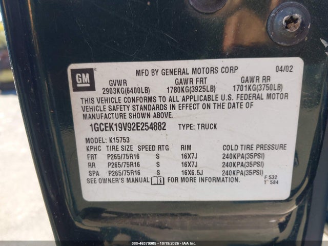 Aukcja sprzedaży 2002 Chevrolet Silverado 1500 Ls, vin: 1GCEK19V92E254882, numer aukcji: 46379905
