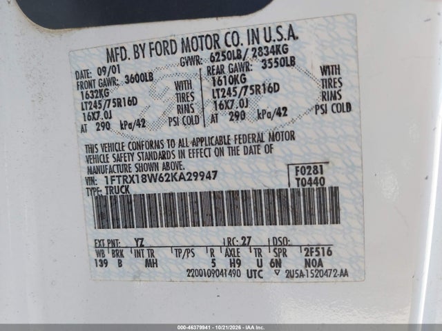 Продаж на аукціоні авто 2002 Ford F-150 Lariat/xl/xlt, vin: 1FTRX18W62KA29947, номер лоту: 46379941