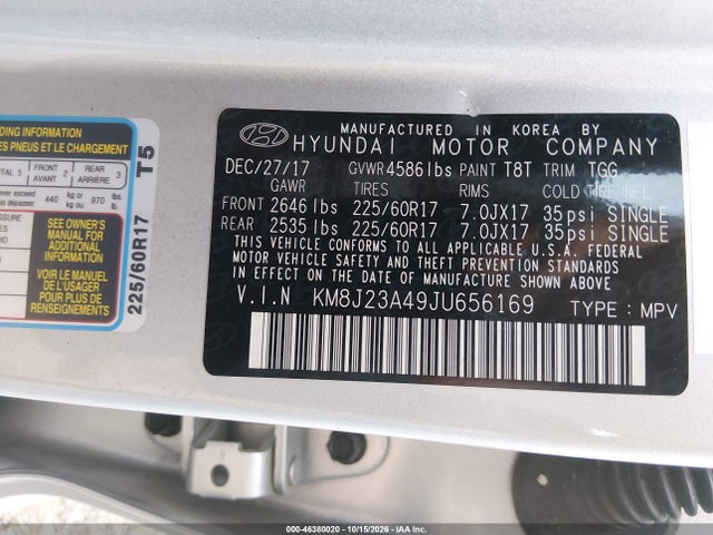 Продаж на аукціоні авто 2018 Hyundai Tucson Se, vin: KM8J23A49JU656169, номер лоту: 46380020
