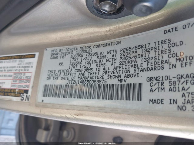 46380032 :رقم المزاد ، JTEZU14R650063875 vin ، 2005 Toyota 4runner Sr5 V6 مزاد بيع