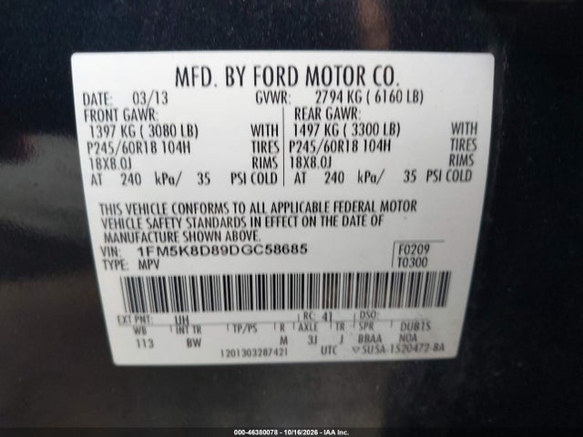 2013 Ford Explorer Xlt მანქანა იყიდება აუქციონზე, vin: 1FM5K8D89DGC58685, აუქციონის ნომერი: 46380078