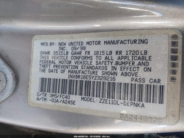 Продажа на аукционе авто 2000 Toyota Corolla Le, vin: 1NXBR18E5YZ329216, номер лота: 46380126
