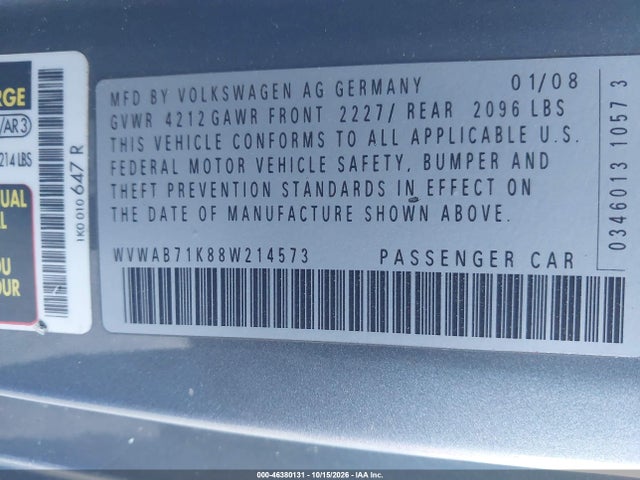 2008 Volkswagen Rabbit S მანქანა იყიდება აუქციონზე, vin: WVWAB71K88W214573, აუქციონის ნომერი: 46380131