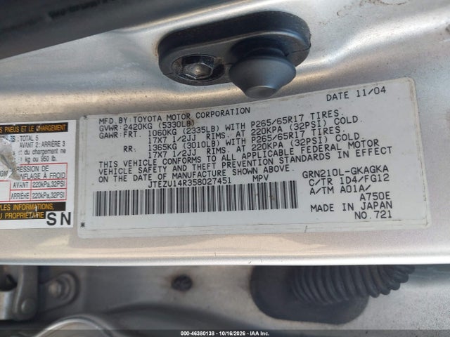 46380138 :رقم المزاد ، JTEZU14R358027451 vin ، 2005 Toyota 4runner Sr5 V6 مزاد بيع