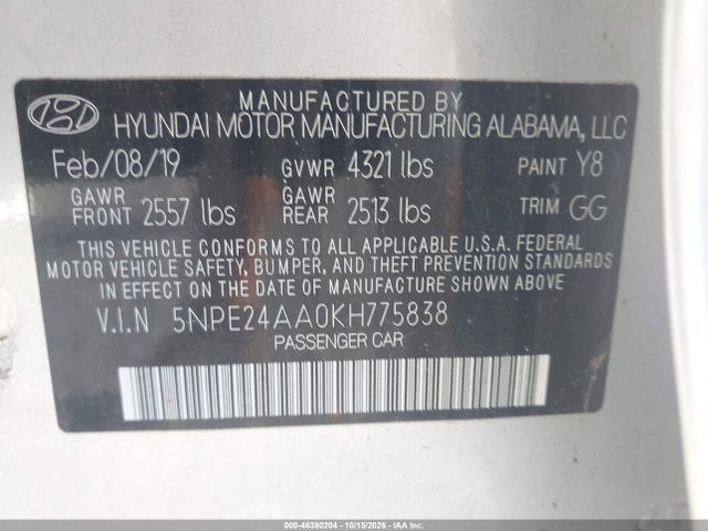 46380204 :رقم المزاد ، 5NPE24AA0KH775838 vin ، 2019 Hyundai Sonata Eco مزاد بيع