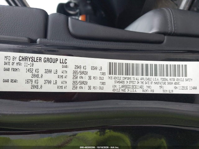Продажа на аукционе авто 2011 Jeep Grand Cherokee Overland, vin: 1J4RS6GG1BC611481, номер лота: 46380286