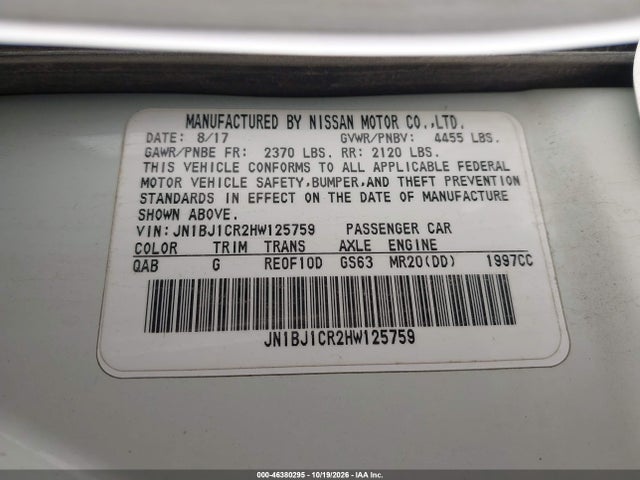 Aukcja sprzedaży 2017 Nissan Rogue Sport Sv, vin: JN1BJ1CR2HW125759, numer aukcji: 46380295