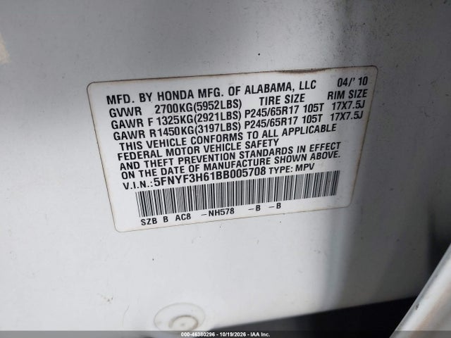 Aukcja sprzedaży 2011 Honda Pilot Ex-l, vin: 5FNYF3H61BB005708, numer aukcji: 46380296