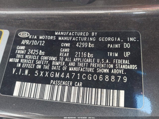Продаж на аукціоні авто 2012 Kia Optima Lx, vin: 5XXGM4A71CG068879, номер лоту: 46380340