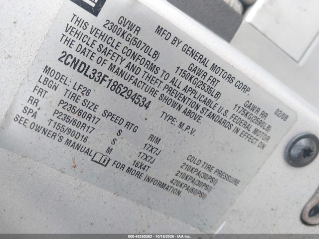 Aukcja sprzedaży 2008 Chevrolet Equinox Lt, vin: 2CNDL33F186294534, numer aukcji: 46380362