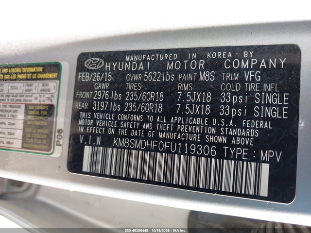 Aukcja sprzedaży 2015 Hyundai Santa Fe Gls, vin: KM8SMDHF0FU119306, numer aukcji: 46380448