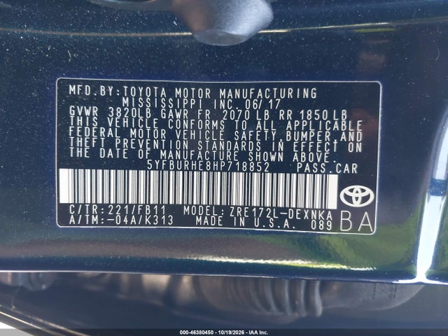 2017 Toyota Corolla Le მანქანა იყიდება აუქციონზე, vin: 5YFBURHE8HP718852, აუქციონის ნომერი: 46380450