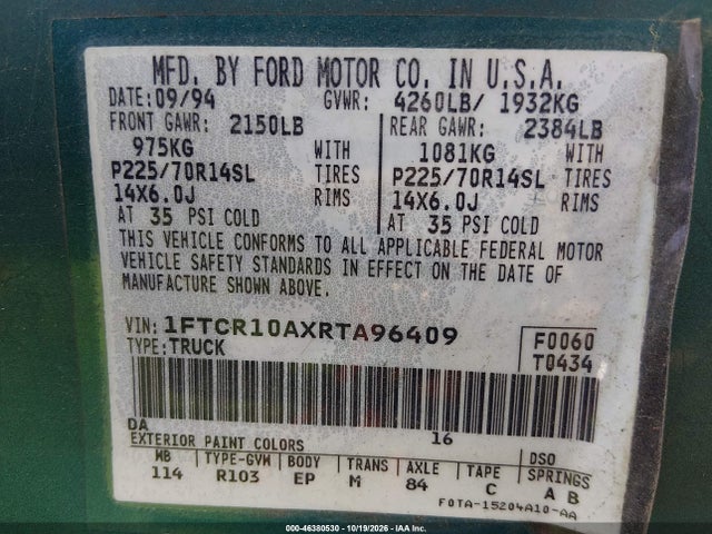 Aukcja sprzedaży 1994 Ford Ranger, vin: 1FTCR10AXRTA96409, numer aukcji: 46380530