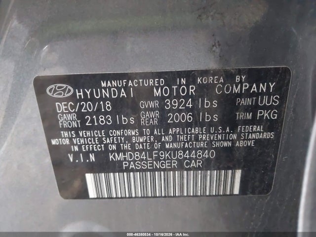 Продажа на аукционе авто 2019 Hyundai Elantra Sel, vin: KMHD84LF9KU844840, номер лота: 46380534