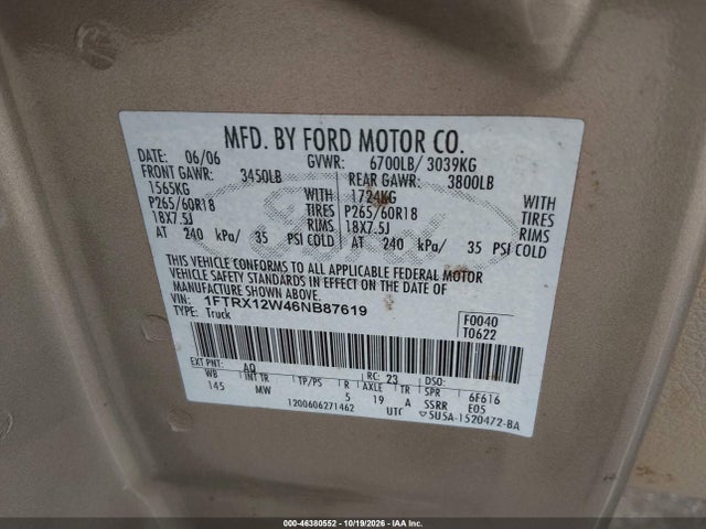 Aukcja sprzedaży 2006 Ford F-150 Stx/xl/xlt, vin: 1FTRX12W46NB87619, numer aukcji: 46380552