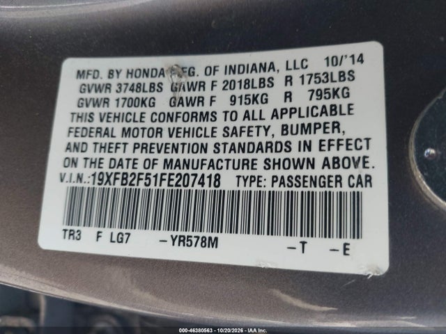 Honda Civic Lx 2015 19XFB2F51FE207418 Image 9