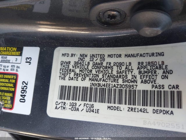 Aukcja sprzedaży 2010 Toyota Corolla Le, vin: 1NXBU4EE1AZ305957, numer aukcji: 46380608