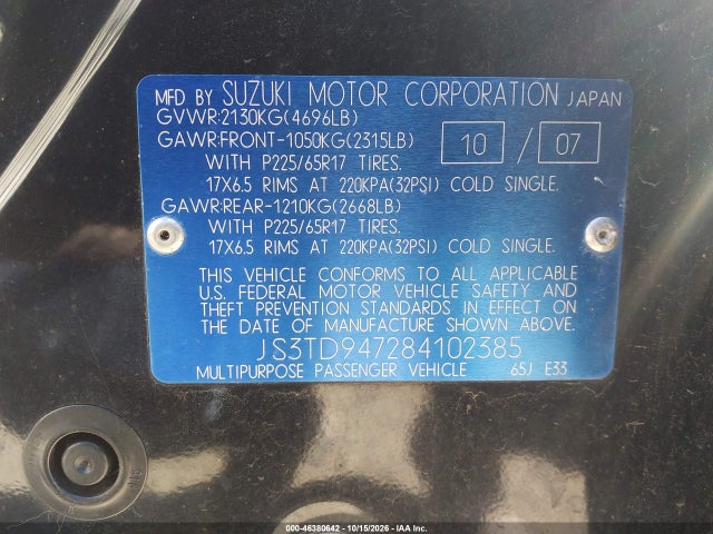 46380642 :رقم المزاد ، JS3TD947284102385 vin ، 2008 Suzuki Grand Vitara Luxury مزاد بيع