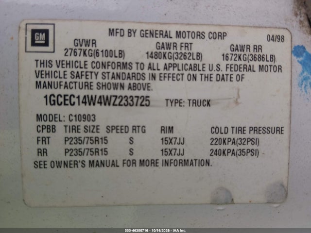 Aukcja sprzedaży 1998 Chevrolet C1500 Fleetside, vin: 1GCEC14W4WZ233725, numer aukcji: 46380716