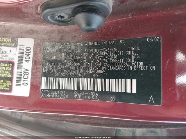Aukcja sprzedaży 2007 Toyota Sienna Le, vin: 5TDZK23C27S039487, numer aukcji: 46380765