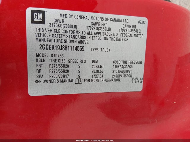Aukcja sprzedaży 2008 Chevrolet Silverado 1500 Ltz, vin: 2GCEK19J881114569, numer aukcji: 46380811