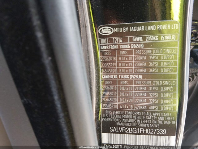 Aukcja sprzedaży 2015 Land Rover Range Rover Evoque Pure, vin: SALVR2BG1FH027339, numer aukcji: 46380834