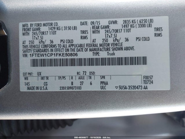 46380877 :رقم المزاد ، 1FTEW1CP1FKE50806 vin ، 2015 Ford F-150 Xl مزاد بيع