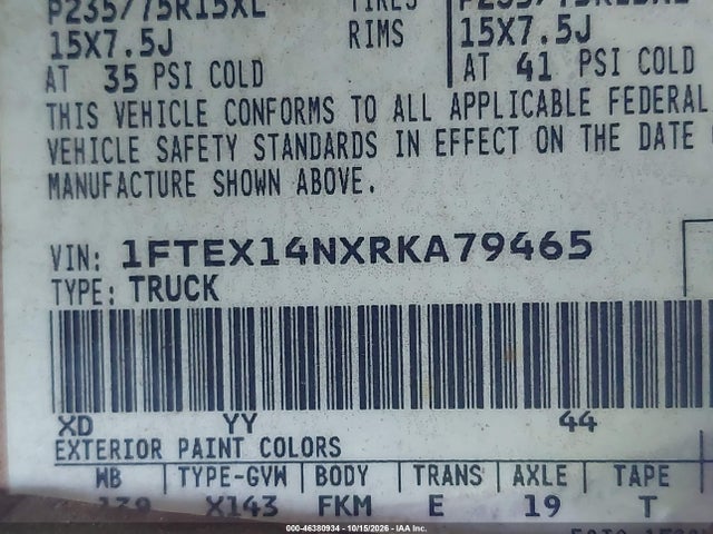 46380934 :رقم المزاد ، 1FTEX14NXRKA79465 vin ، 1994 Ford F150 مزاد بيع