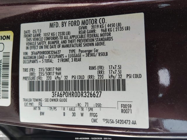 2013 Ford Fusion Se მანქანა იყიდება აუქციონზე, vin: 3FA6P0HR0DR326627, აუქციონის ნომერი: 46380966