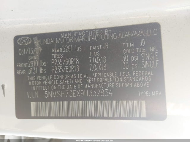 2009 Hyundai Santa Fe Se მანქანა იყიდება აუქციონზე, vin: 5NMSH73EX9H332834, აუქციონის ნომერი: 46380980