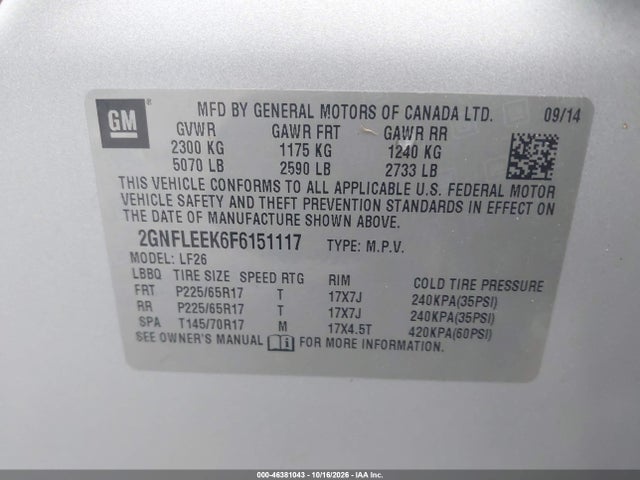 Aukcja sprzedaży 2015 Chevrolet Equinox Ls, vin: 2GNFLEEK6F6151117, numer aukcji: 46381043