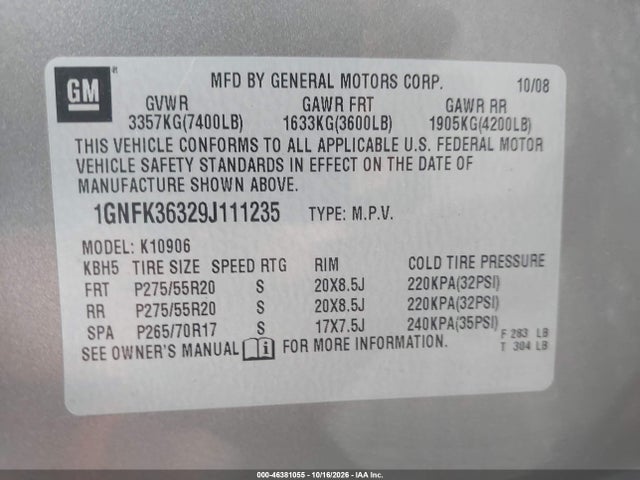 46381055 :رقم المزاد ، 1GNFK36329J111235 vin ، 2009 Chevrolet Suburban 1500 Ltz مزاد بيع