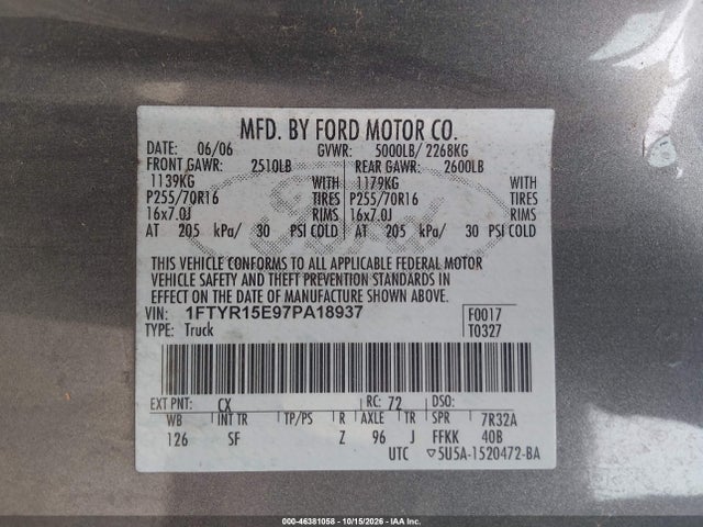 2007 Ford Ranger Fx4 Off-road/sport/xl/xlt მანქანა იყიდება აუქციონზე, vin: 1FTYR15E97PA18937, აუქციონის ნომერი: 46381058