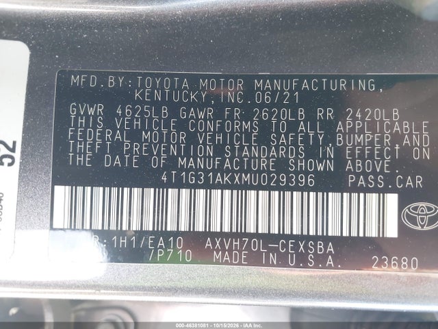 Aukcja sprzedaży 2021 Toyota Camry Se Hybrid, vin: 4T1G31AKXMU029396, numer aukcji: 46381081
