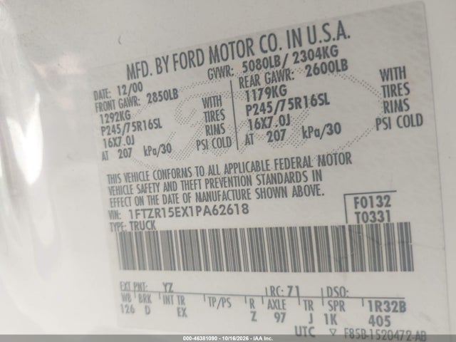 2001 Ford Ranger Edge/xlt მანქანა იყიდება აუქციონზე, vin: 1FTZR15EX1PA62618, აუქციონის ნომერი: 46381090