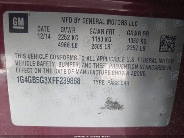 2015 Buick Lacrosse Leather მანქანა იყიდება აუქციონზე, vin: 1G4GB5G3XFF239868, აუქციონის ნომერი: 46381110