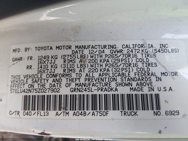 46381135 :رقم المزاد ، 5TELU42N75Z027902 vin ، 2005 Toyota Tacoma Base V6 مزاد بيع