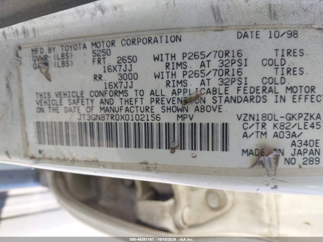 46381167 :رقم المزاد ، JT3GN87R0X0102156 vin ، 1999 Toyota 4runner Limited V6 مزاد بيع