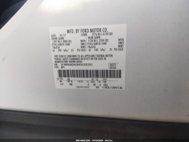 2017 Ford Explorer Xlt მანქანა იყიდება აუქციონზე, vin: 1FM5K8DH3HGC02151, აუქციონის ნომერი: 46381200
