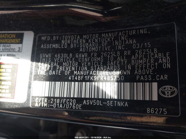 Aukcja sprzedaży 2015 Toyota Camry Le, vin: 4T4BF1FK9FR485750, numer aukcji: 46381201