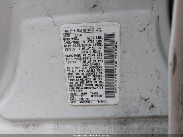 Продажа на аукционе авто 2014 Nissan Murano Sl, vin: JN8AZ1MWXEW527793, номер лота: 46381233