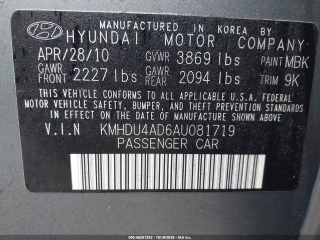 46381252 :رقم المزاد ، KMHDU4AD6AU081719 vin ، 2010 Hyundai Elantra Gls مزاد بيع