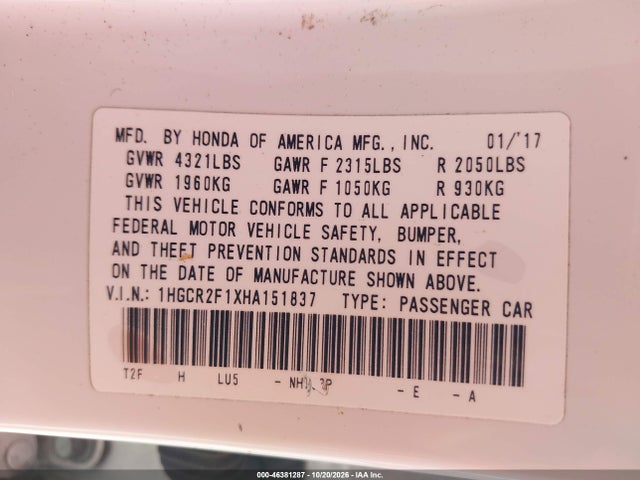 Aukcja sprzedaży 2017 Honda Accord Sport Se, vin: 1HGCR2F1XHA151837, numer aukcji: 46381287
