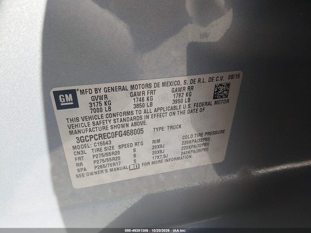 Продажа на аукционе авто 2015 Chevrolet Silverado 1500 1lt, vin: 3GCPCREC0FG468005, номер лота: 46381386