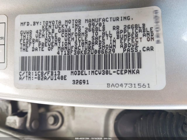 2002 Toyota Camry Le V6 მანქანა იყიდება აუქციონზე, vin: 4T1BF30K82U006629, აუქციონის ნომერი: 46381394