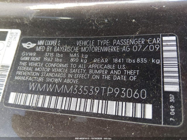 2009 Mini Cooper S Clubman მანქანა იყიდება აუქციონზე, vin: WMWMM33539TP93060, აუქციონის ნომერი: 46381413