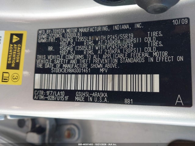 Продаж на аукціоні авто 2010 Toyota Highlander Sport V6, vin: 5TDEK3EH8AS001461, номер лоту: 46381453