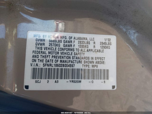 Продажа на аукционе авто 2002 Honda Odyssey Ex, vin: 5FNRL18602B004597, номер лота: 46381457