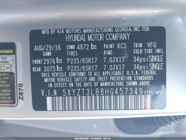 5XYZT3LB8HG457349 Hyundai Santa Fe Sport 2.4l