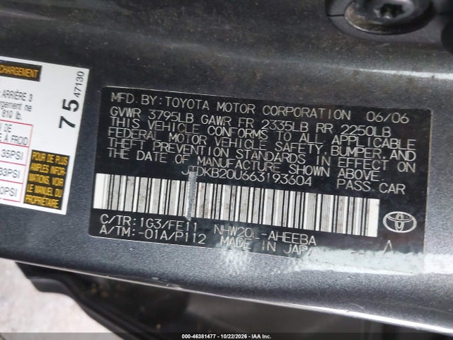 Aukcja sprzedaży 2006 Toyota Prius, vin: JTDKB20U663193604, numer aukcji: 46381477